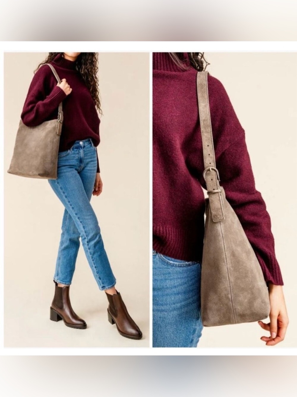 NWT Margot New York Kaye Suede Bucket Tote in Muted Green Taupe